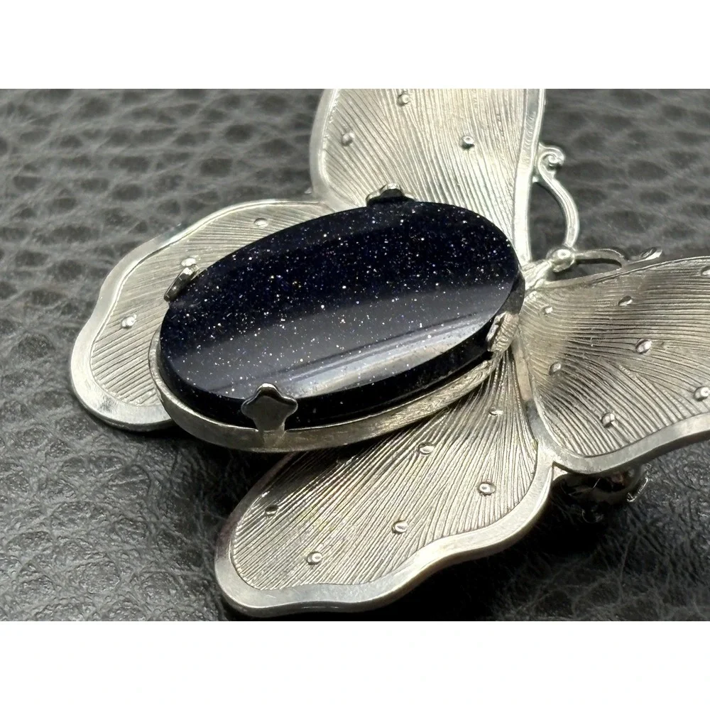 Vintage Silver Tone Butterfly Brooch Pin Dark Blue Goldstone Glitter Cabochons